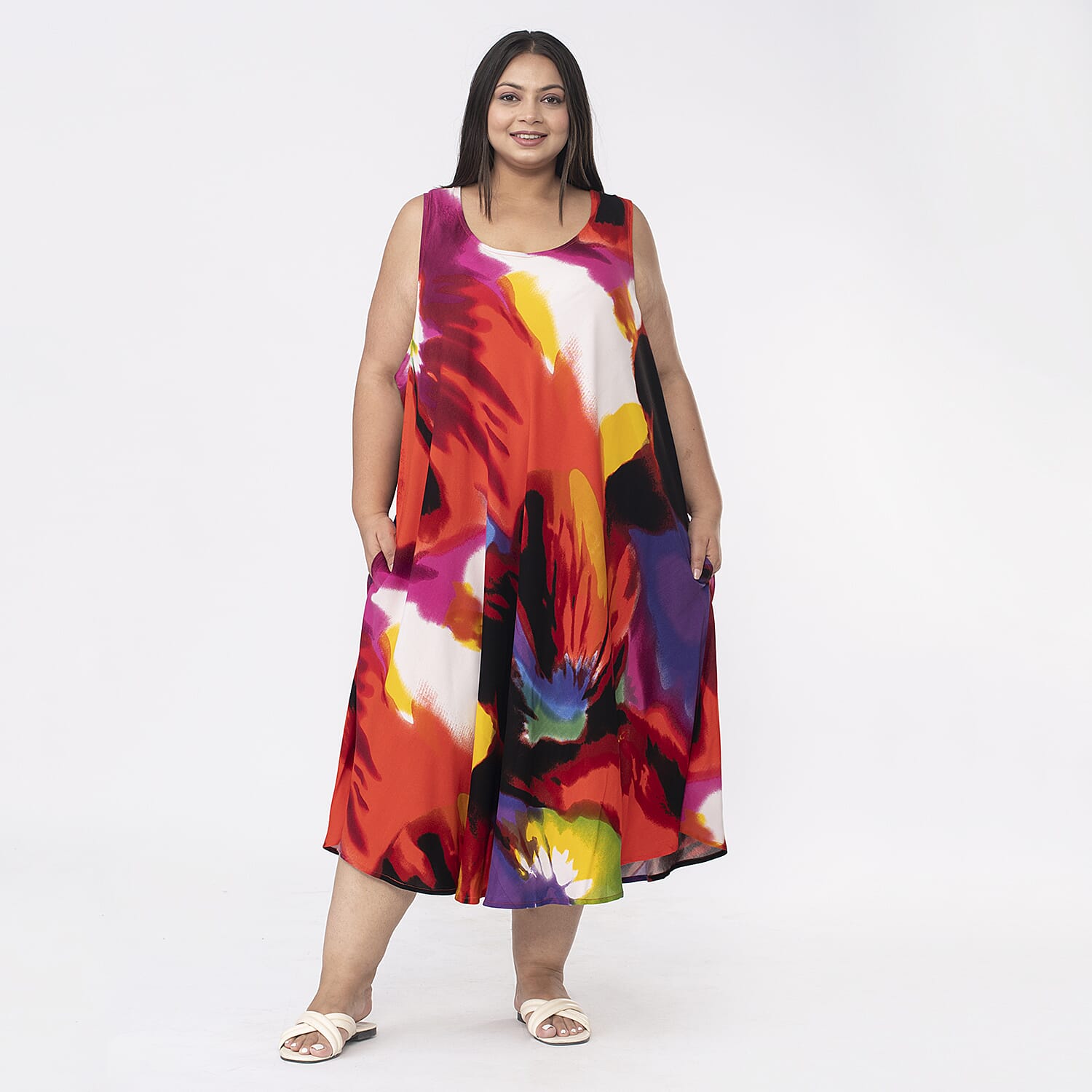 TAMSY 100% Viscose Midi Umbrella Dress with Pockets (Curve Size 20-26) - Orange & Multi