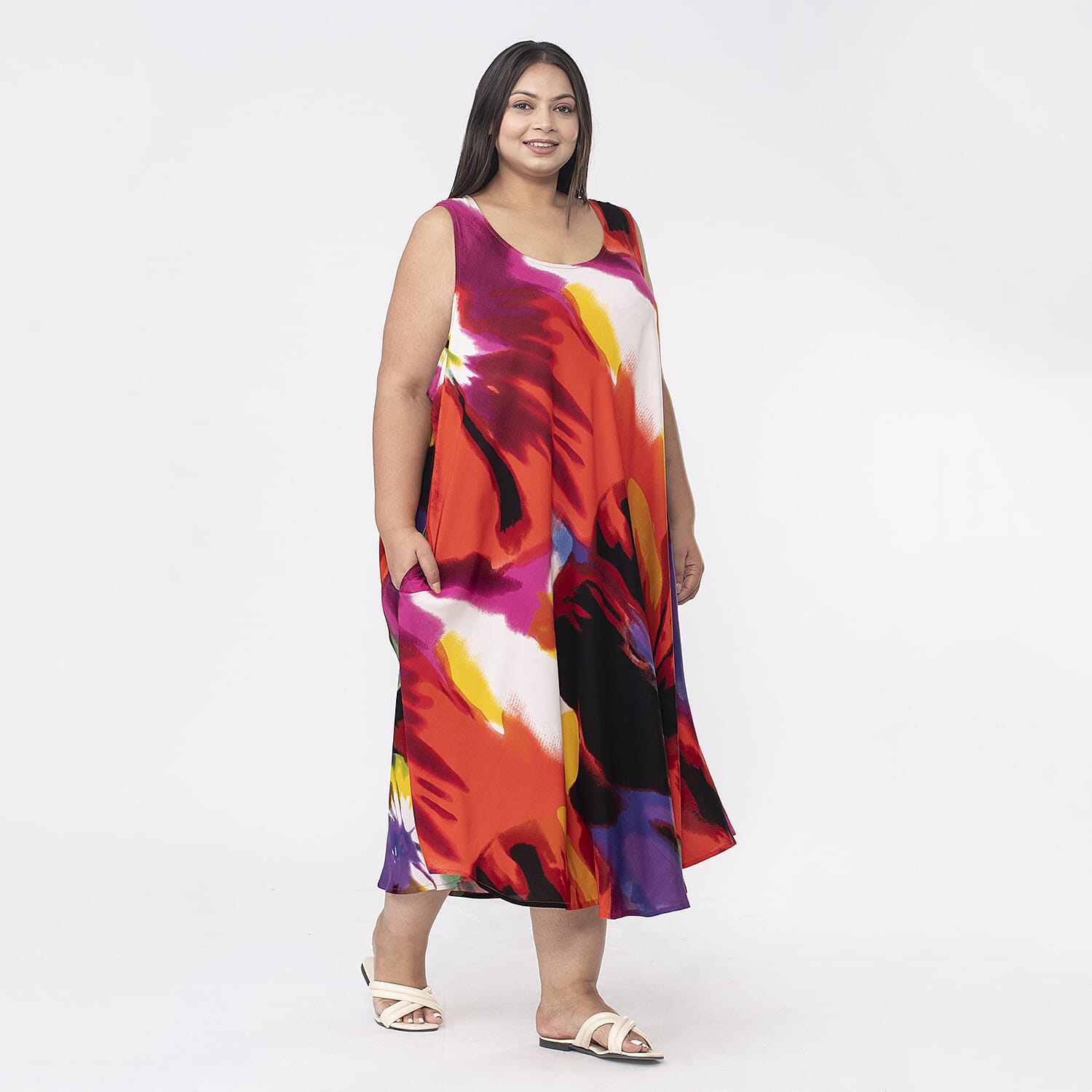 TAMSY 100% Viscose Midi Umbrella Dress with Pockets (Curve Size 20-26) - Orange & Multi