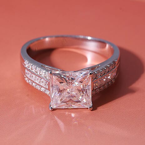 Princess Cut Moissanite Ring in Rhodium Overlay Sterling Silver 3.21 Ct