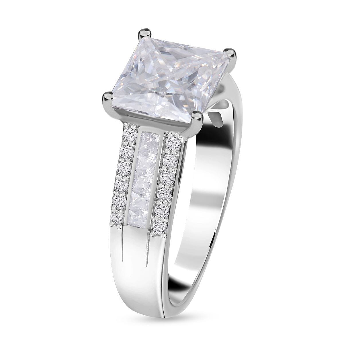 Princess Cut Moissanite Ring in Rhodium Overlay Sterling Silver 3.21 Ct