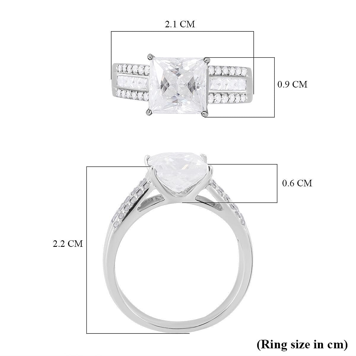Princess Cut Moissanite Ring in Rhodium Overlay Sterling Silver 3.21 Ct