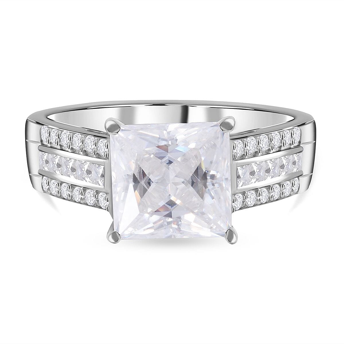 Princess Cut Moissanite Ring in Rhodium Overlay Sterling Silver 3.21 Ct
