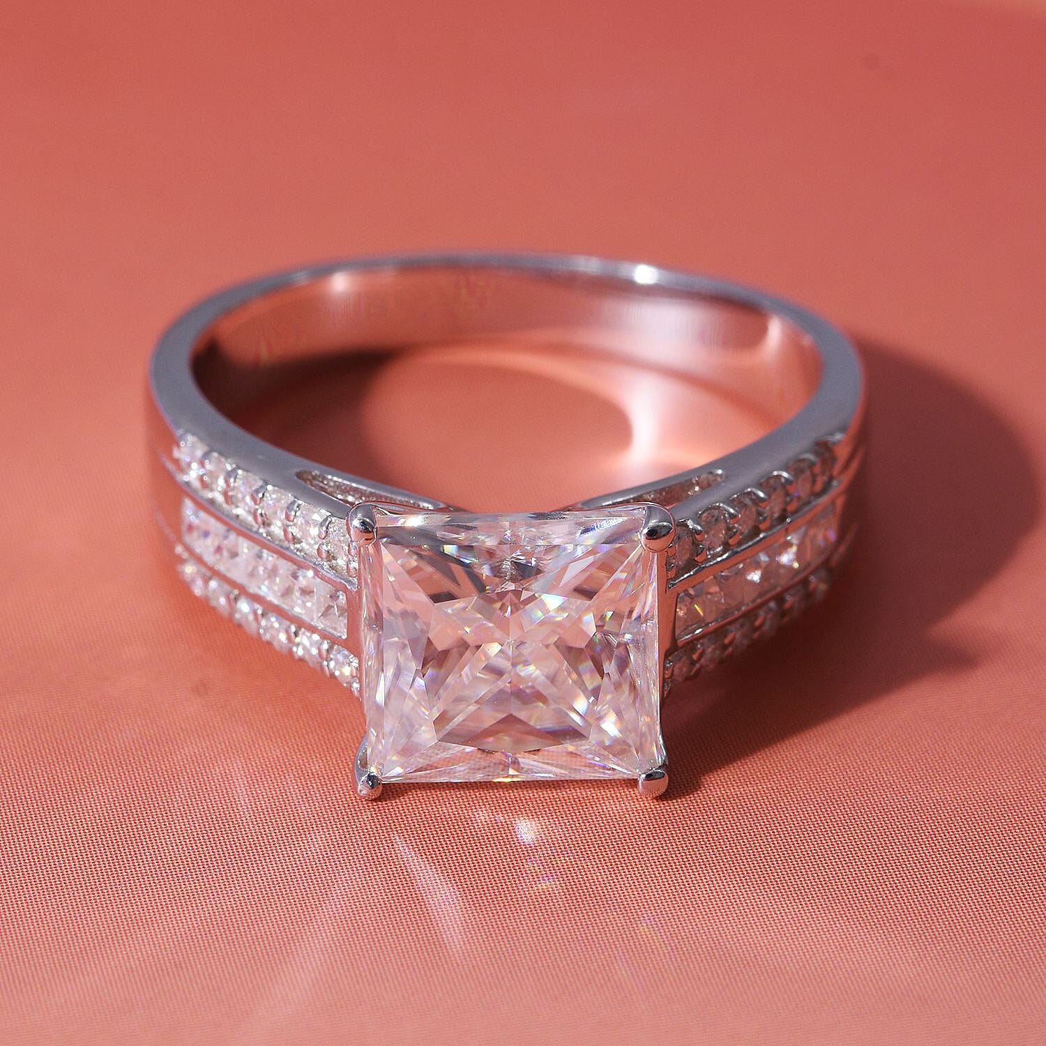 Princess Cut Moissanite Ring in Rhodium Overlay Sterling Silver 3.21 Ct