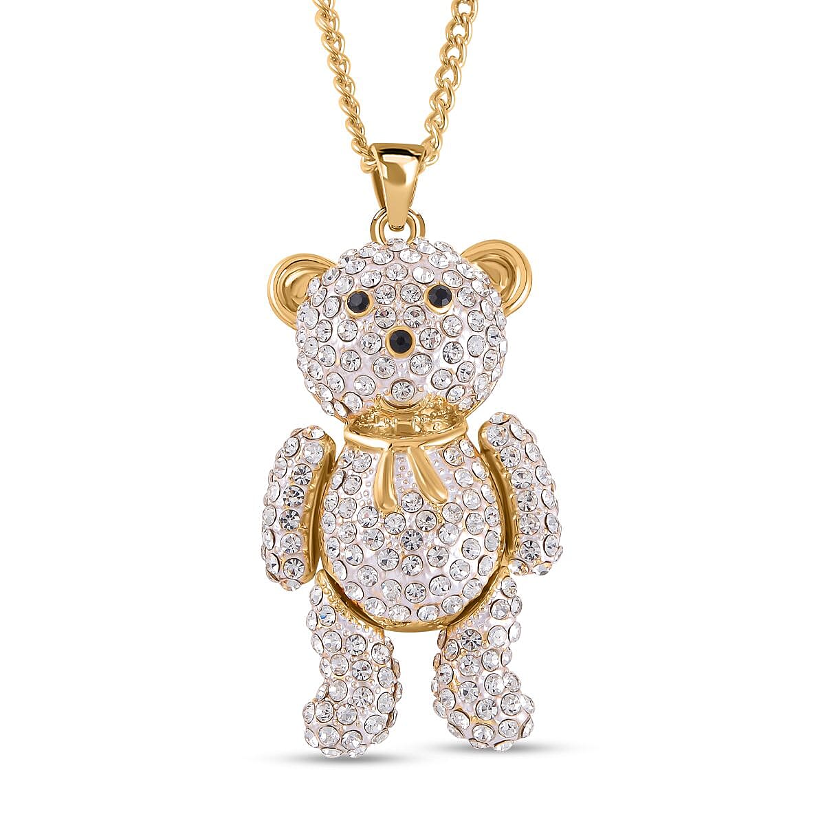 White and Black Austrian Crystal Teddy Bear (Necklace -28-2.5 Inch Ext) in Gold Tone