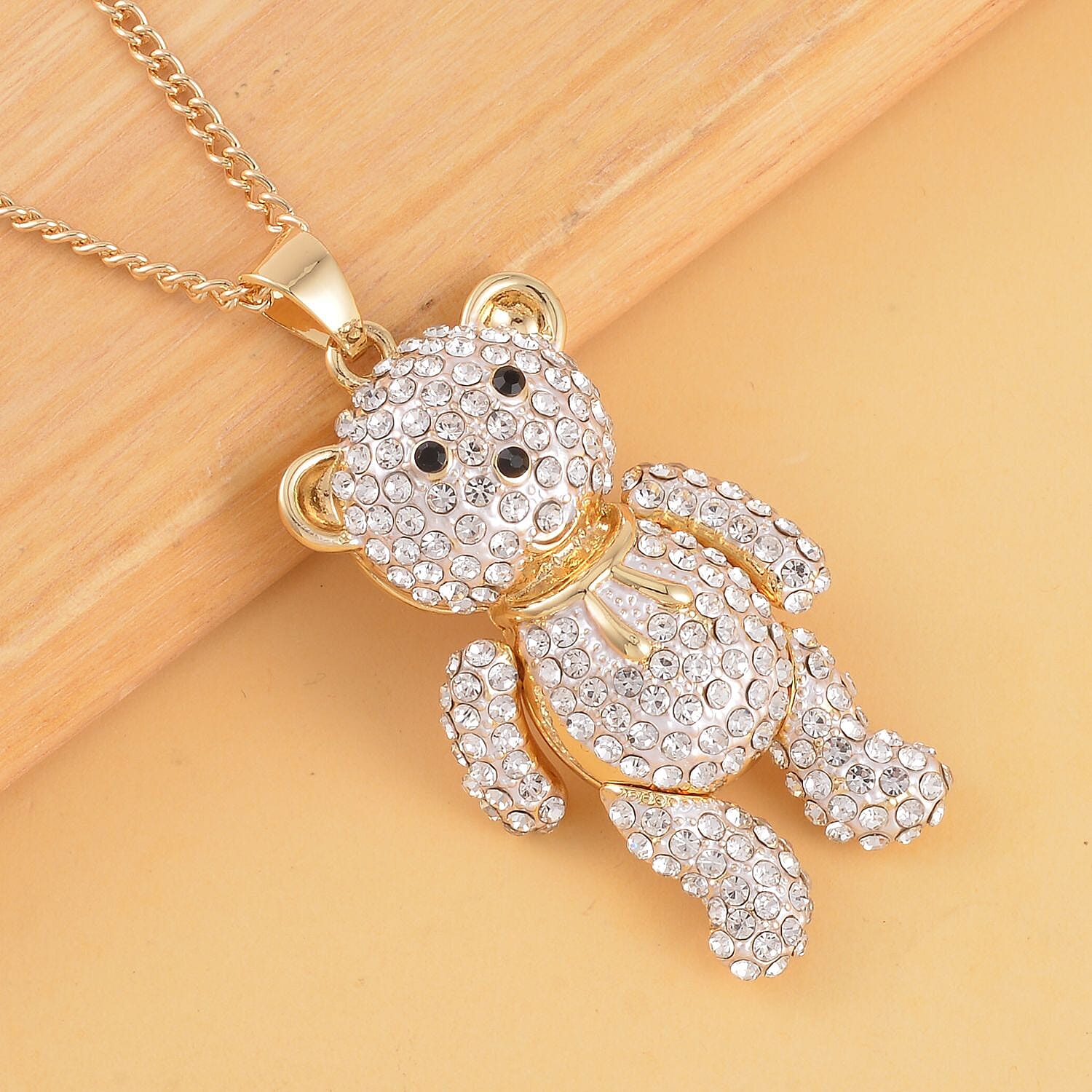 White and Black Austrian Crystal Teddy Bear (Necklace -28-2.5 Inch Ext) in Gold Tone