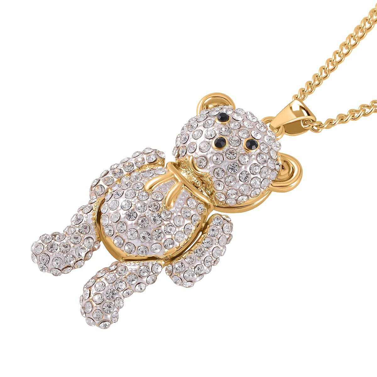 White and Black Austrian Crystal Teddy Bear (Necklace -28-2.5 Inch Ext) in Gold Tone