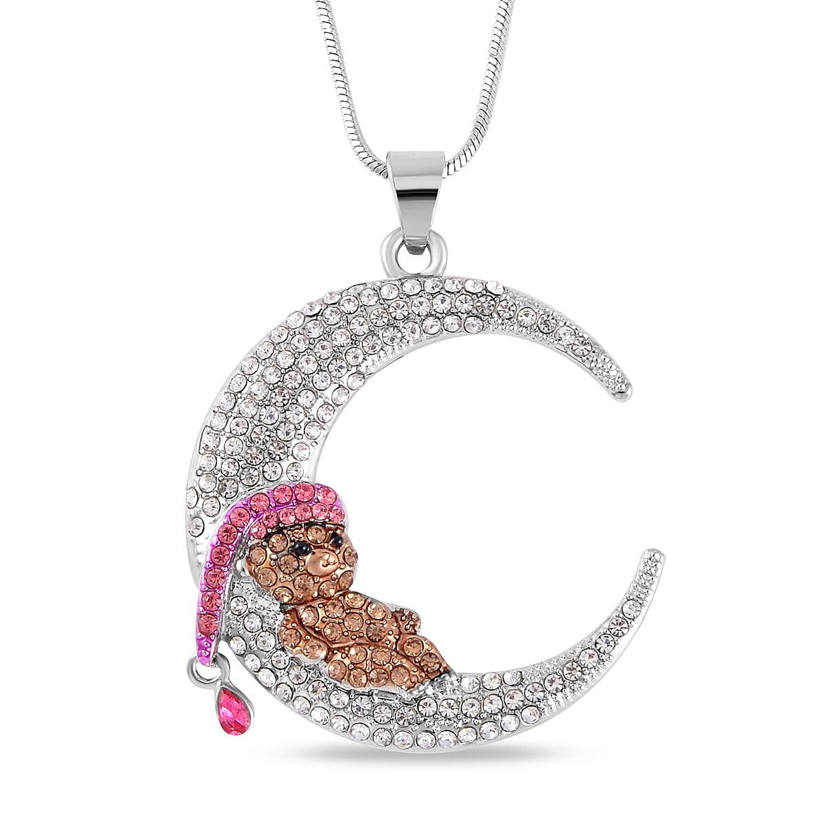 Designer Inspired Multi colour Austrian Crystal Teddy Bear on Crescent Moon (Necklace -28-3 Inch Ext) in Silver Tone