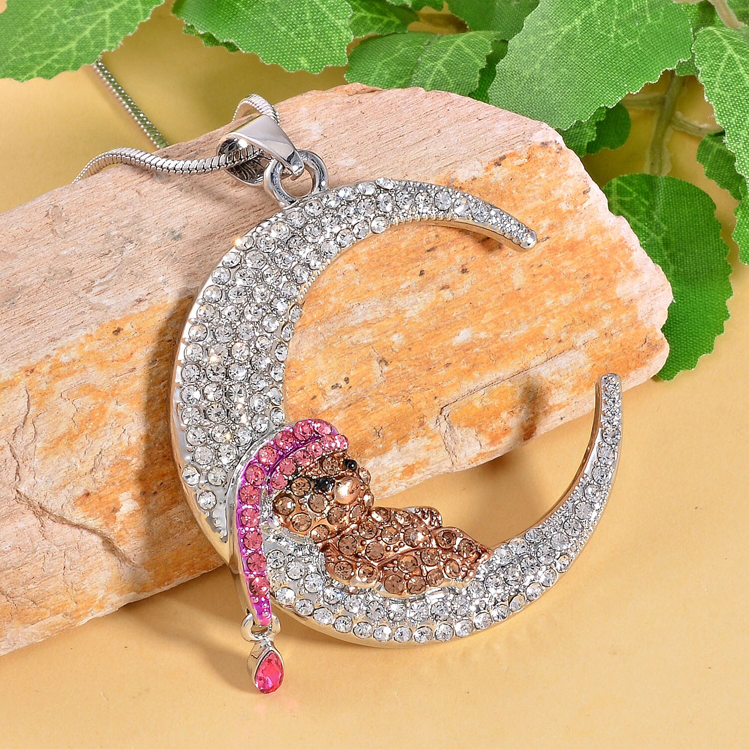 Designer Inspired Multi colour Austrian Crystal Teddy Bear on Crescent Moon (Necklace -28-3 Inch Ext) in Silver Tone