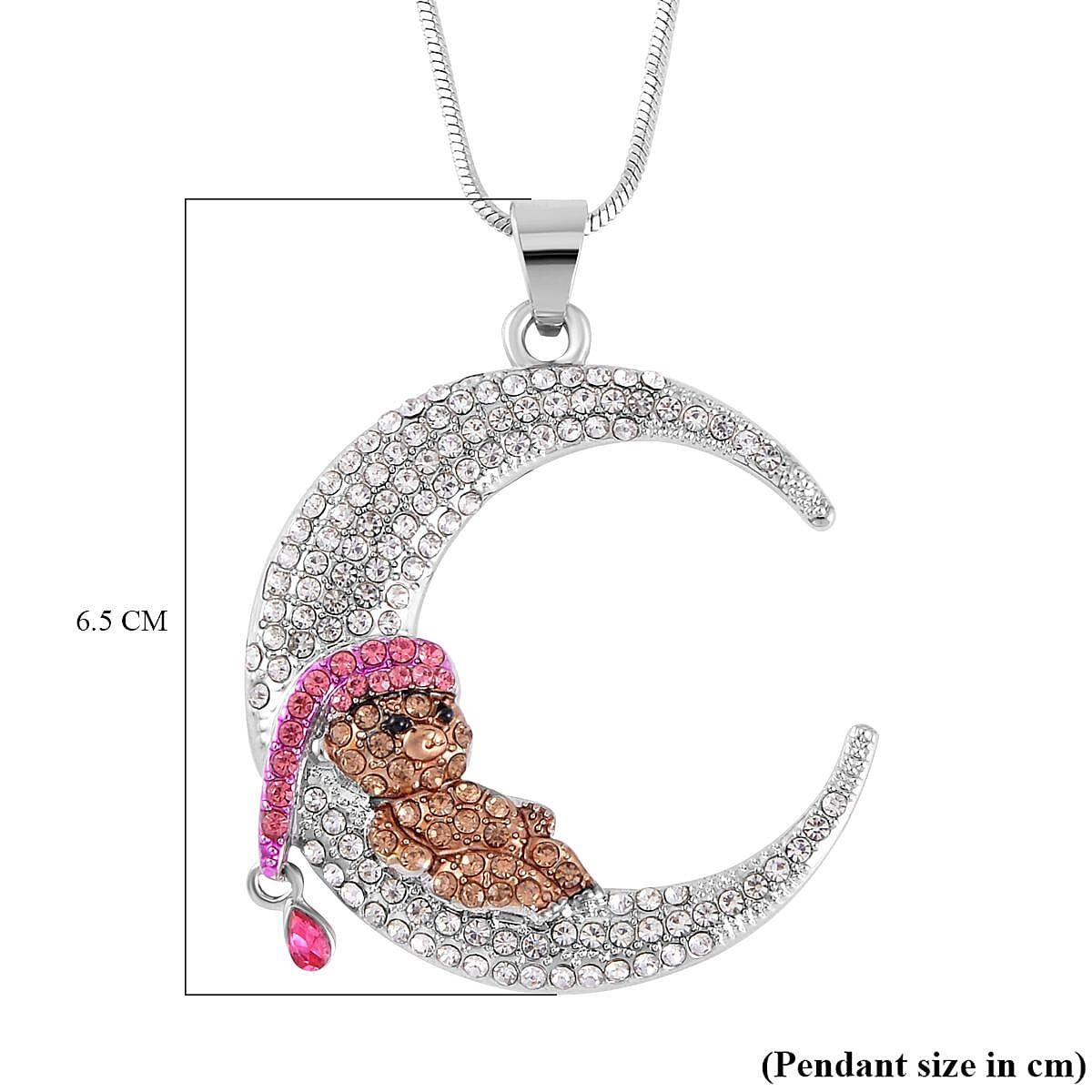 Designer Inspired Multi colour Austrian Crystal Teddy Bear on Crescent Moon (Necklace -28-3 Inch Ext) in Silver Tone