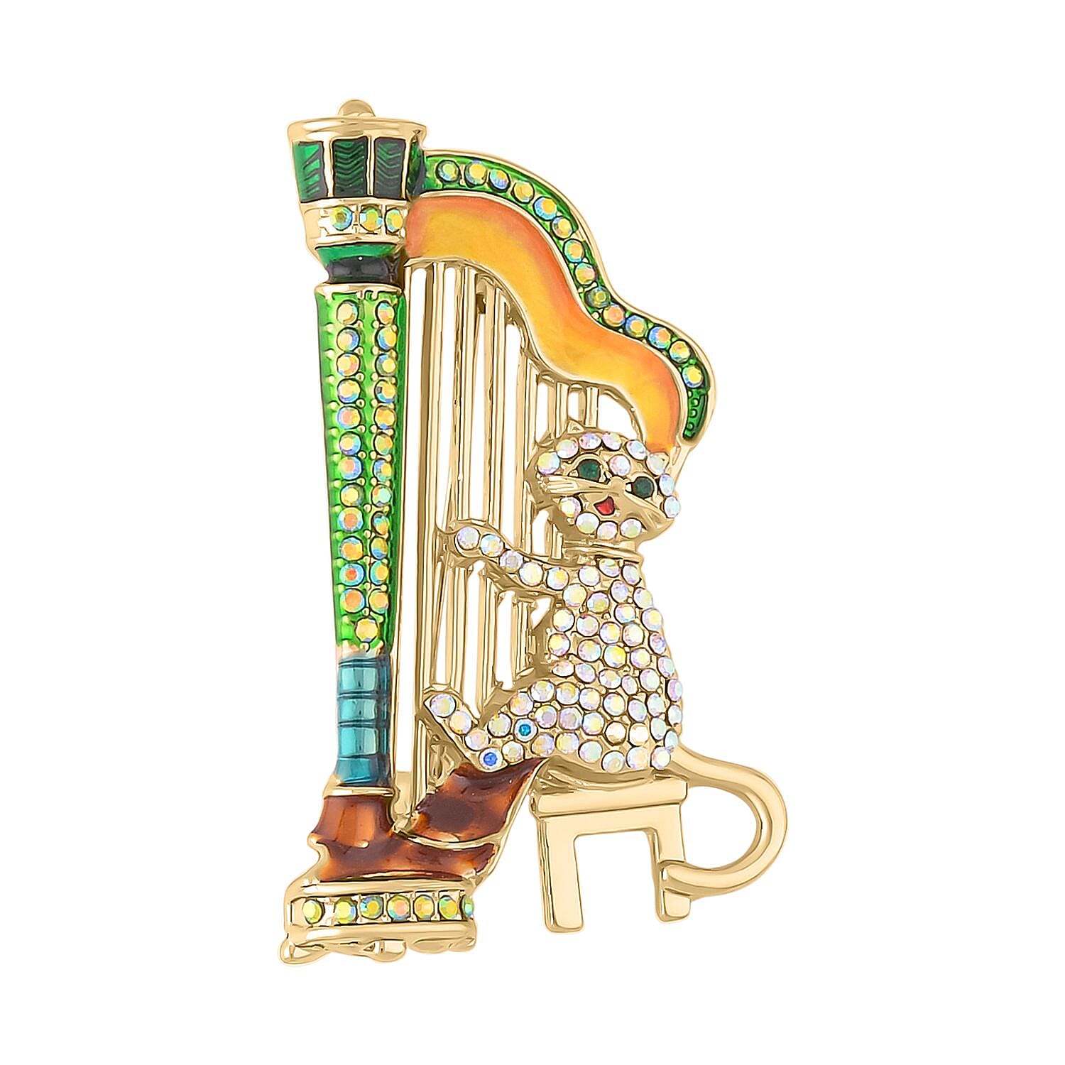 Multi Colour Austrian Crystal Enamelled Cat Playing Harp Brooch in Yellow Gold Tone