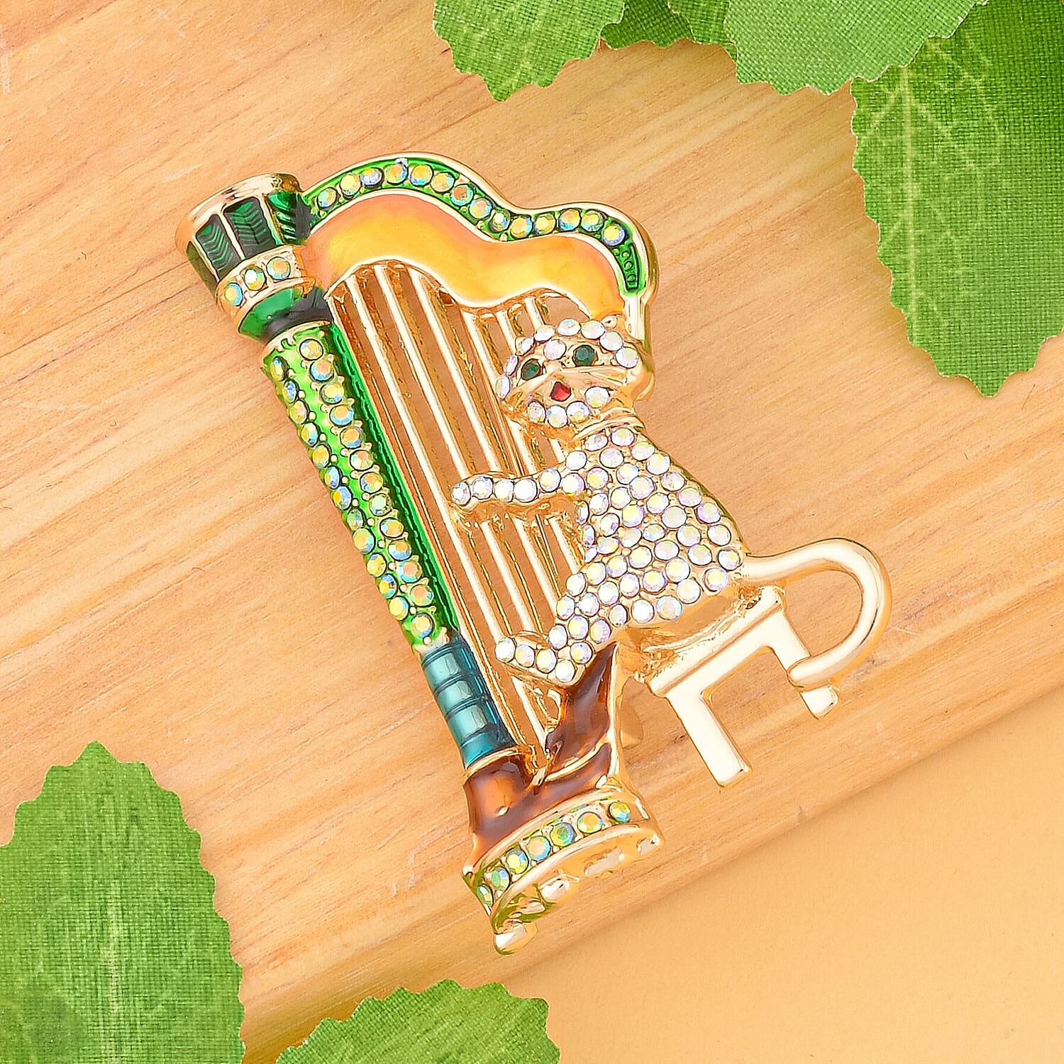 Multi Colour Austrian Crystal Enamelled Cat Playing Harp Brooch in Yellow Gold Tone