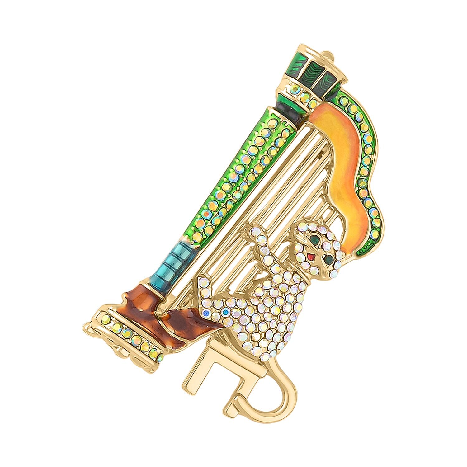 Multi Colour Austrian Crystal Enamelled Cat Playing Harp Brooch in Yellow Gold Tone