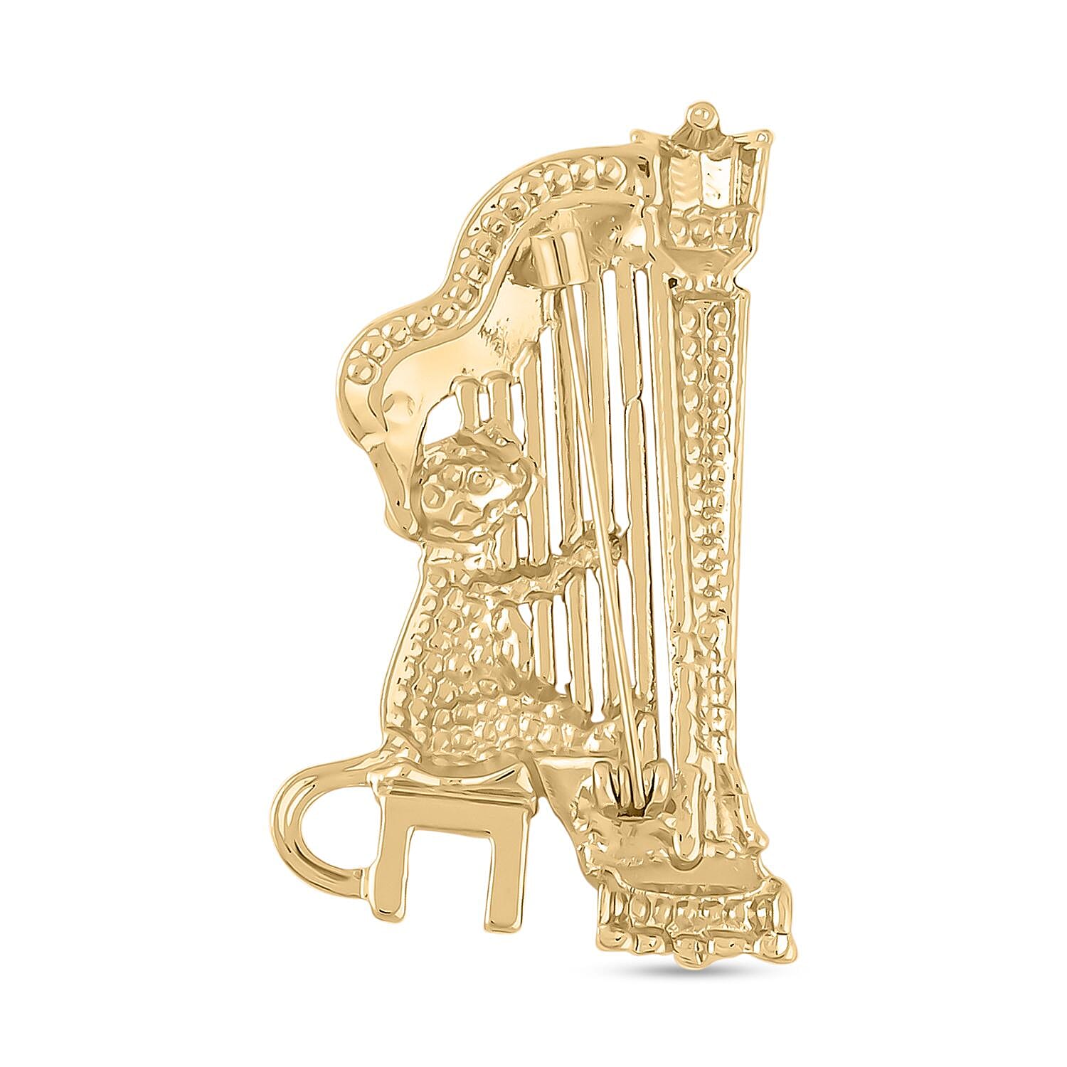 Multi Colour Austrian Crystal Enamelled Cat Playing Harp Brooch in Yellow Gold Tone