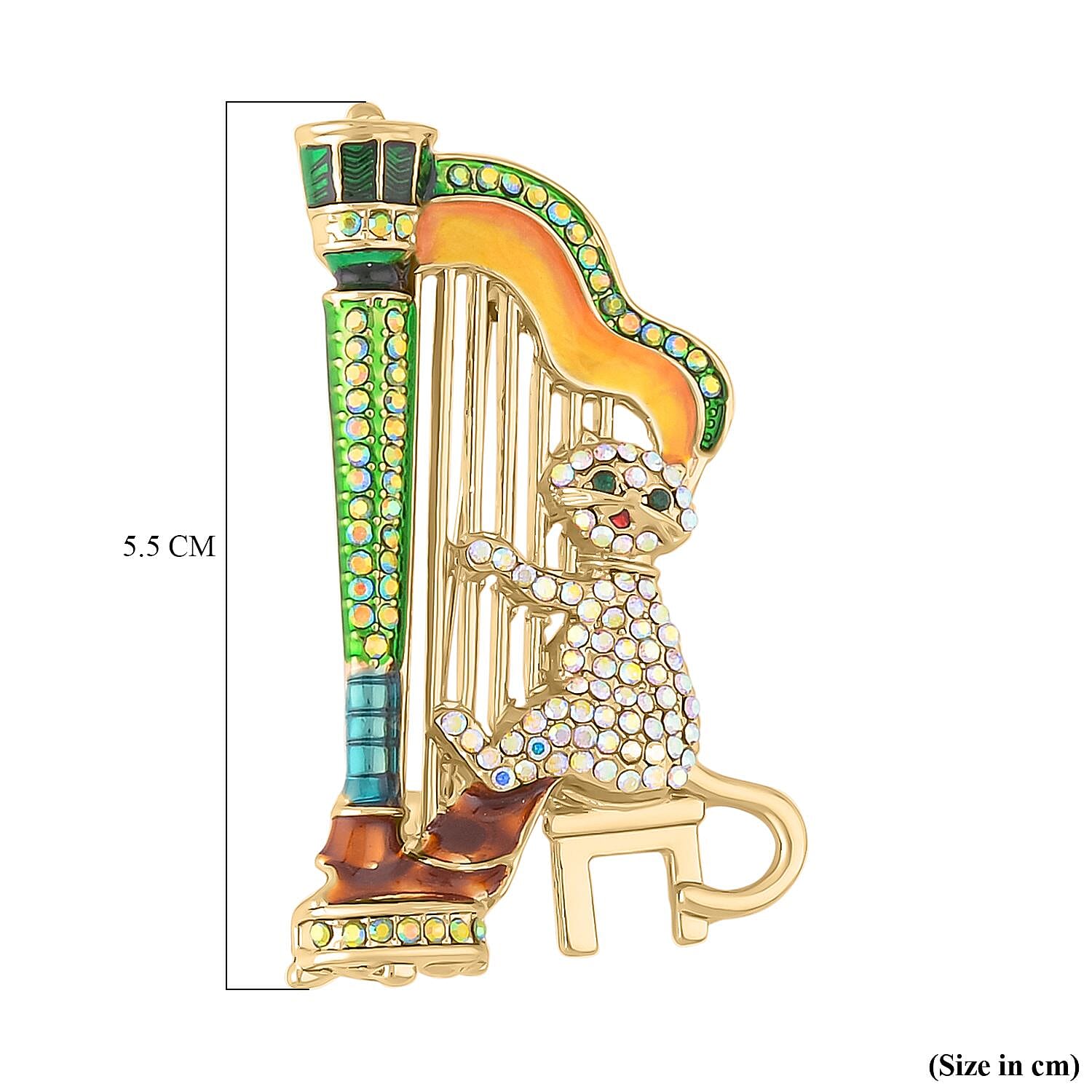 Multi Colour Austrian Crystal Enamelled Cat Playing Harp Brooch in Yellow Gold Tone