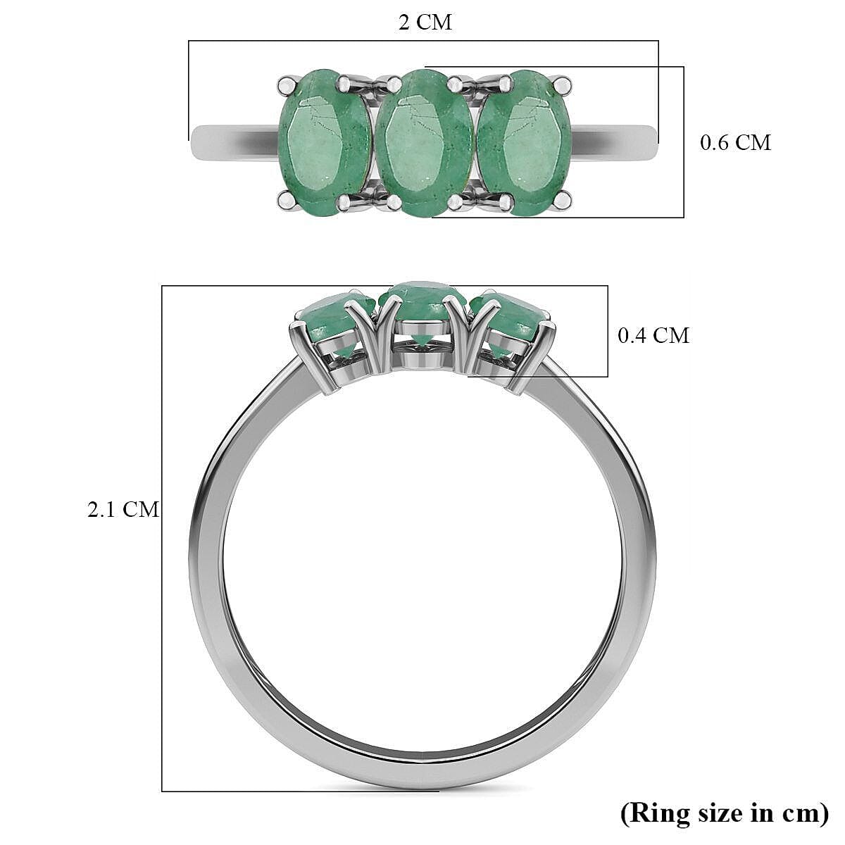 Emerald 3 Stone Ring in Platinum Overlay Sterling Silver 1.34 Ct Emerald 3 Stone Ring in Platinum Overlay Sterling Silver 1.34 Ct