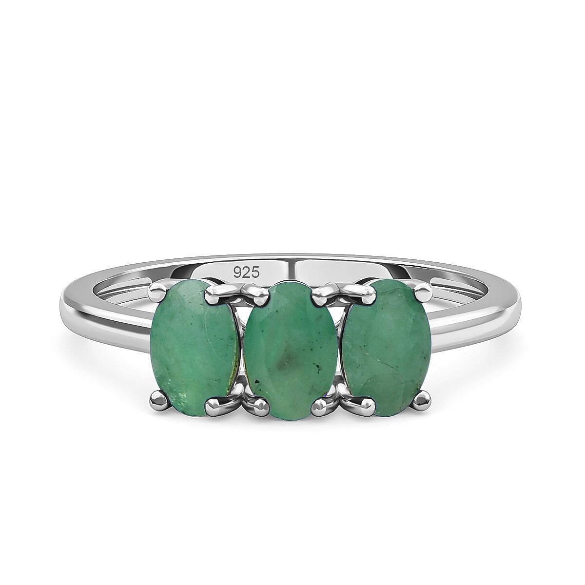 Emerald 3 Stone Ring in Platinum Overlay Sterling Silver 1.34 Ct Emerald 3 Stone Ring in Platinum Overlay Sterling Silver 1.34 Ct