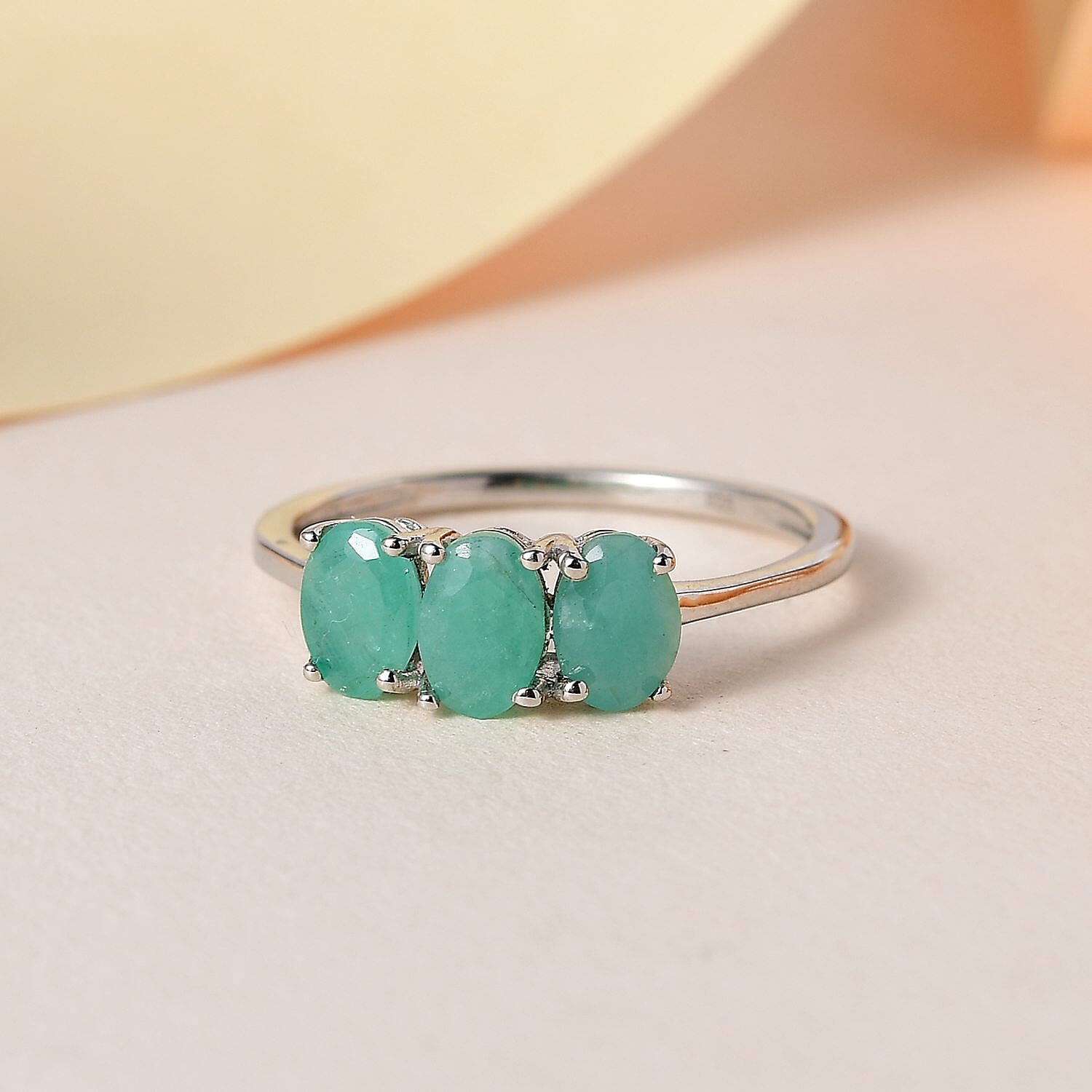 Emerald 3 Stone Ring in Platinum Overlay Sterling Silver 1.34 Ct Emerald 3 Stone Ring in Platinum Overlay Sterling Silver 1.34 Ct