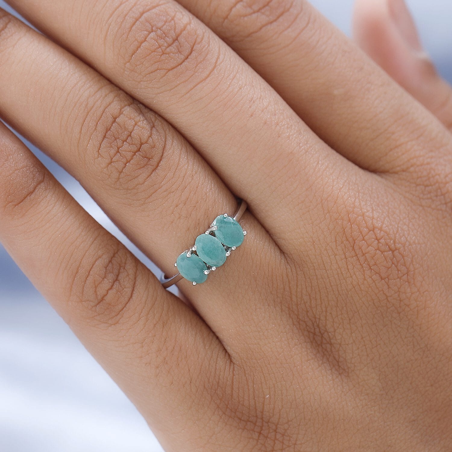 Emerald 3 Stone Ring in Platinum Overlay Sterling Silver 1.34 Ct Emerald 3 Stone Ring in Platinum Overlay Sterling Silver 1.34 Ct