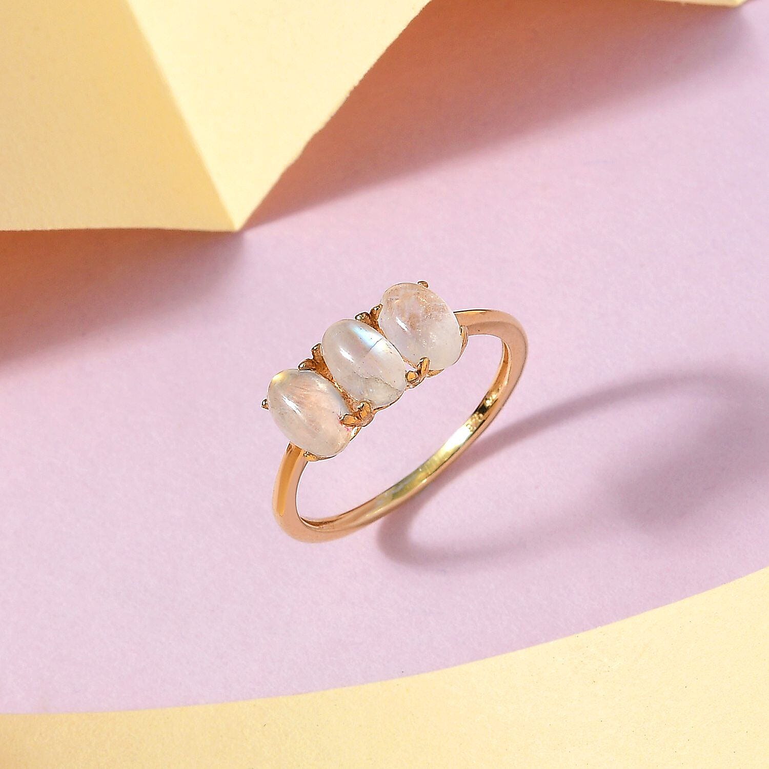 Rainbow Moonstone 3 Stone Ring in 18K Vermeil Yellow Gold Plated Sterling Silver 1.779 Ct.