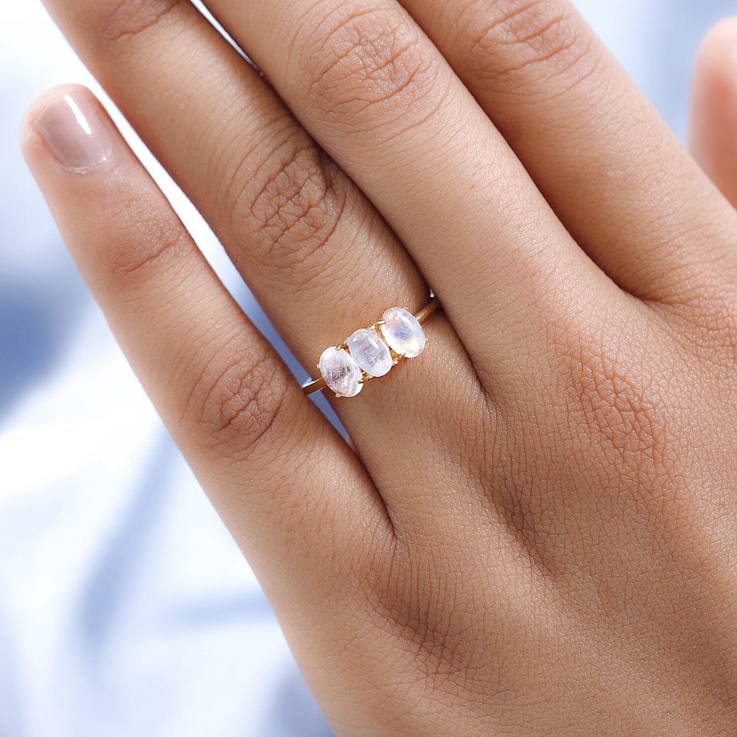 Rainbow Moonstone 3 Stone Ring in 18K Vermeil Yellow Gold Plated Sterling Silver 1.779 Ct.