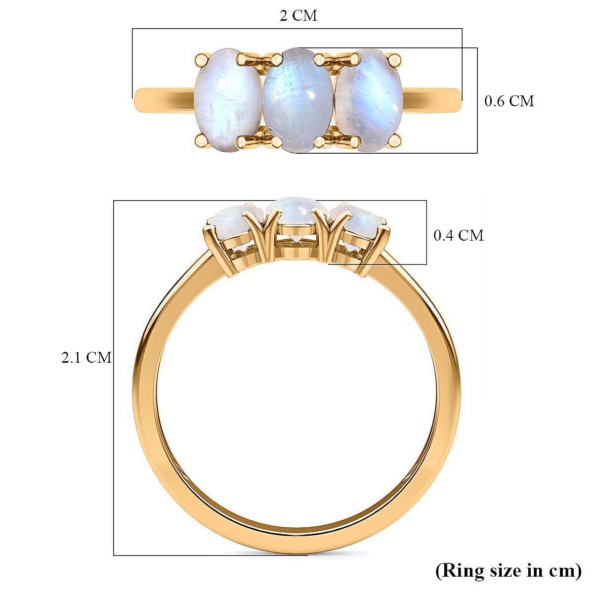 Rainbow Moonstone 3 Stone Ring in 18K Vermeil Yellow Gold Plated Sterling Silver 1.779 Ct.