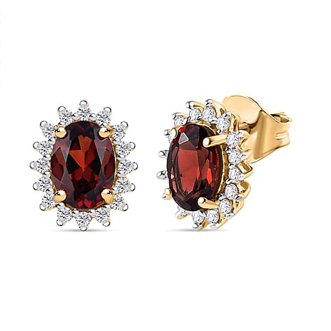 Natural Zircon and Mozambique Garnet Halo Stud Earrings in 18K Vermeil Yellow Gold Plated Sterling Silver 2.10 Ct.