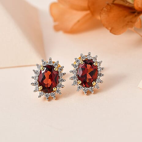 Natural Zircon and Mozambique Garnet Halo Stud Earrings in 18K Vermeil Yellow Gold Plated Sterling Silver 2.10 Ct.