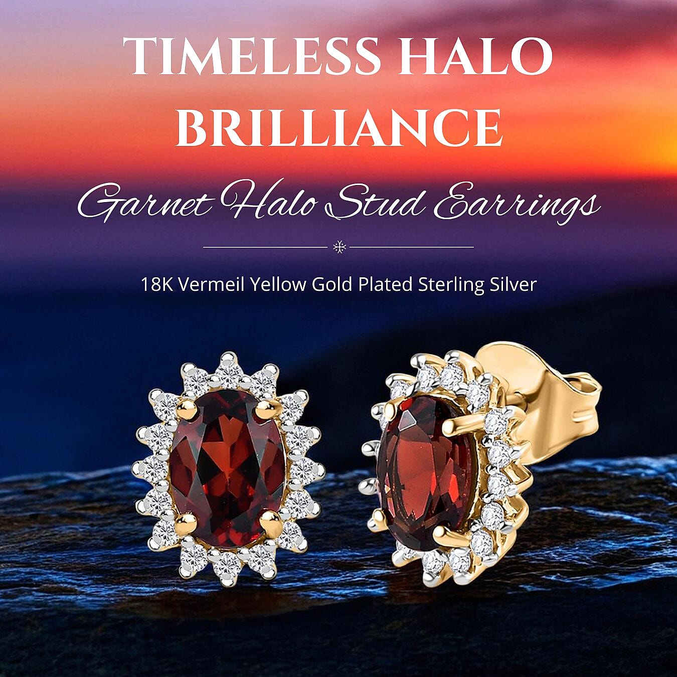 Natural Zircon and Mozambique Garnet Halo Stud Earrings in 18K Vermeil Yellow Gold Plated Sterling Silver 2.10 Ct.