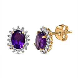 Amethyst February Birthstone Halo Stud Earrings with Cambodian Zircon in 18K Vermeil Yellow Gold Plated Sterling Silver
