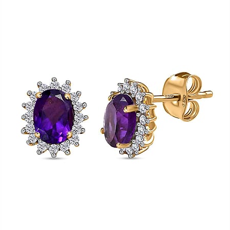 Amethyst and Natural Zircon Halo Stud Earrings in 18K Yellow Gold Vermeil Plated Sterling Silver