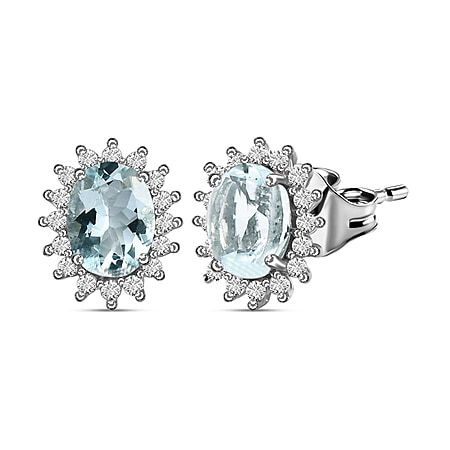 Aquamarine and Natural Zircon Halo Stud Earrings in Platinum Overlay Sterling Silver 2.30 Ct.