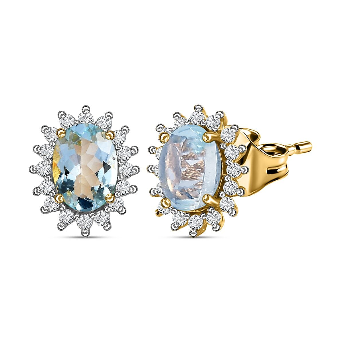 Aquamarine and Natural Zircon Halo Stud Earrings in 18K Vermeil Yellow Gold Plated Sterling Silver 1.60 Ct.