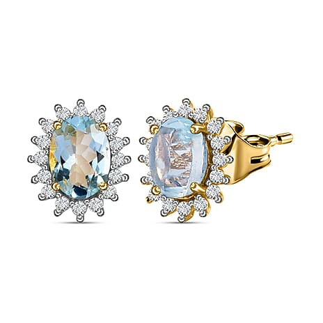 Aquamarine and Natural Zircon Halo Stud Earrings in 18K Vermeil Yellow Gold Plated Sterling Silver 1.60 Ct.