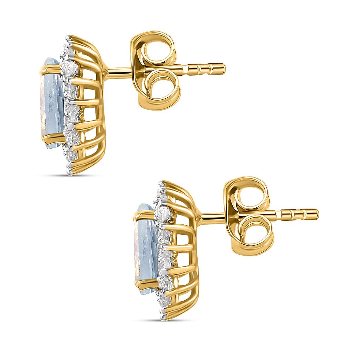Aquamarine and Natural Zircon Halo Stud Earrings in 18K Vermeil Yellow Gold Plated Sterling Silver 1.60 Ct.