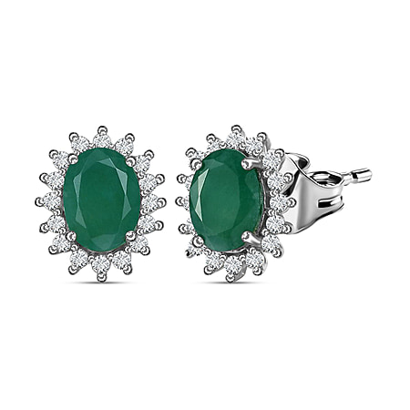 Socoto Emerald and Natural Zircon Halo Stud Earrings in Platinum Overlay Sterling Silver 1.75 Ct.