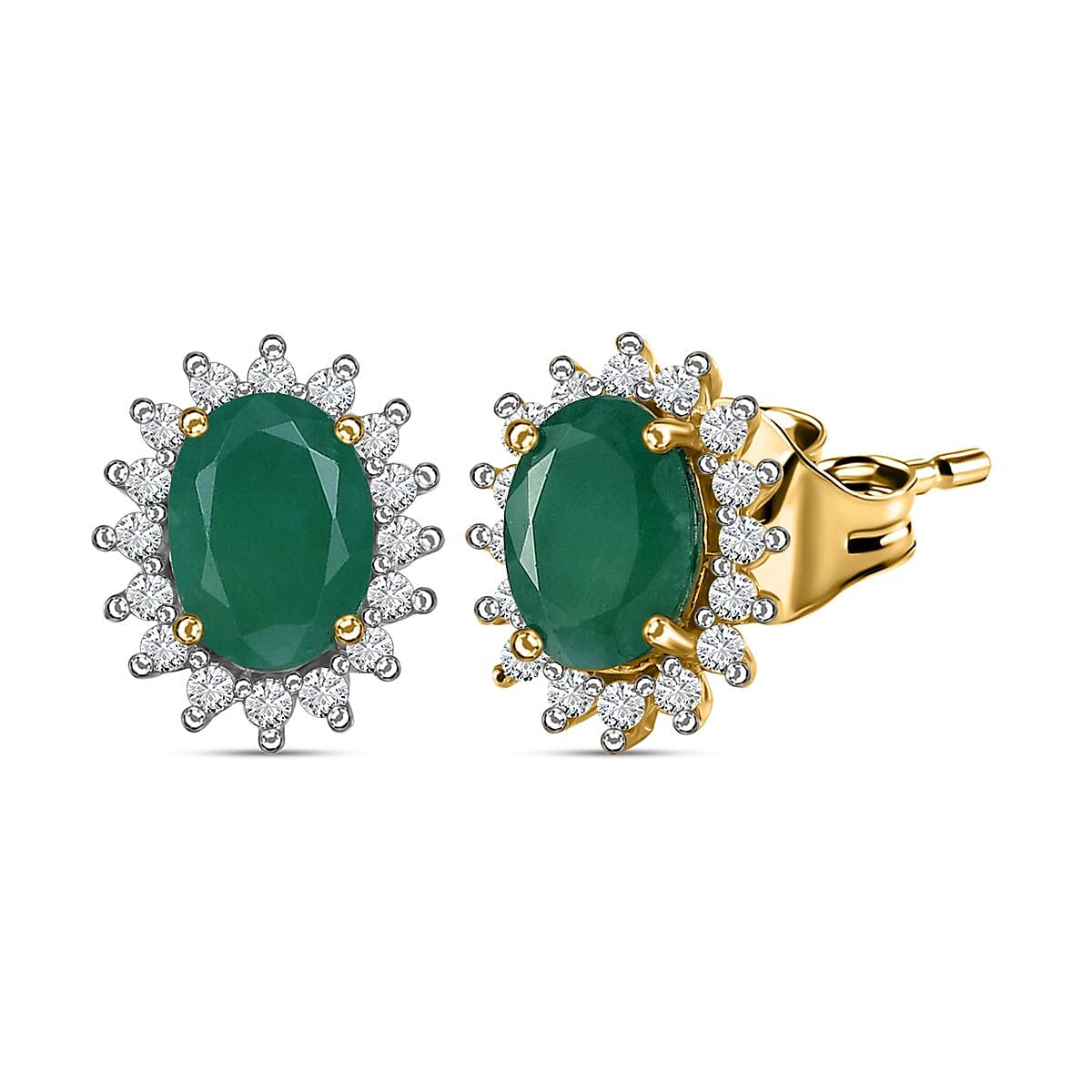 Emerald and Natural Zircon Halo Stud Earrings in 18K Vermeil Yellow Gold Plated Sterling Silver 2.44 Ct