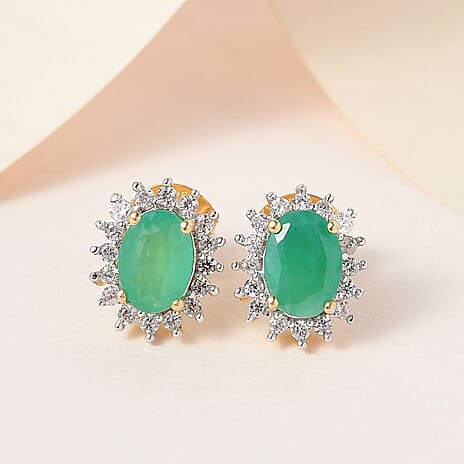 Emerald and Natural Zircon Halo Stud Earrings in 18K Vermeil Yellow Gold Plated Sterling Silver 2.44 Ct