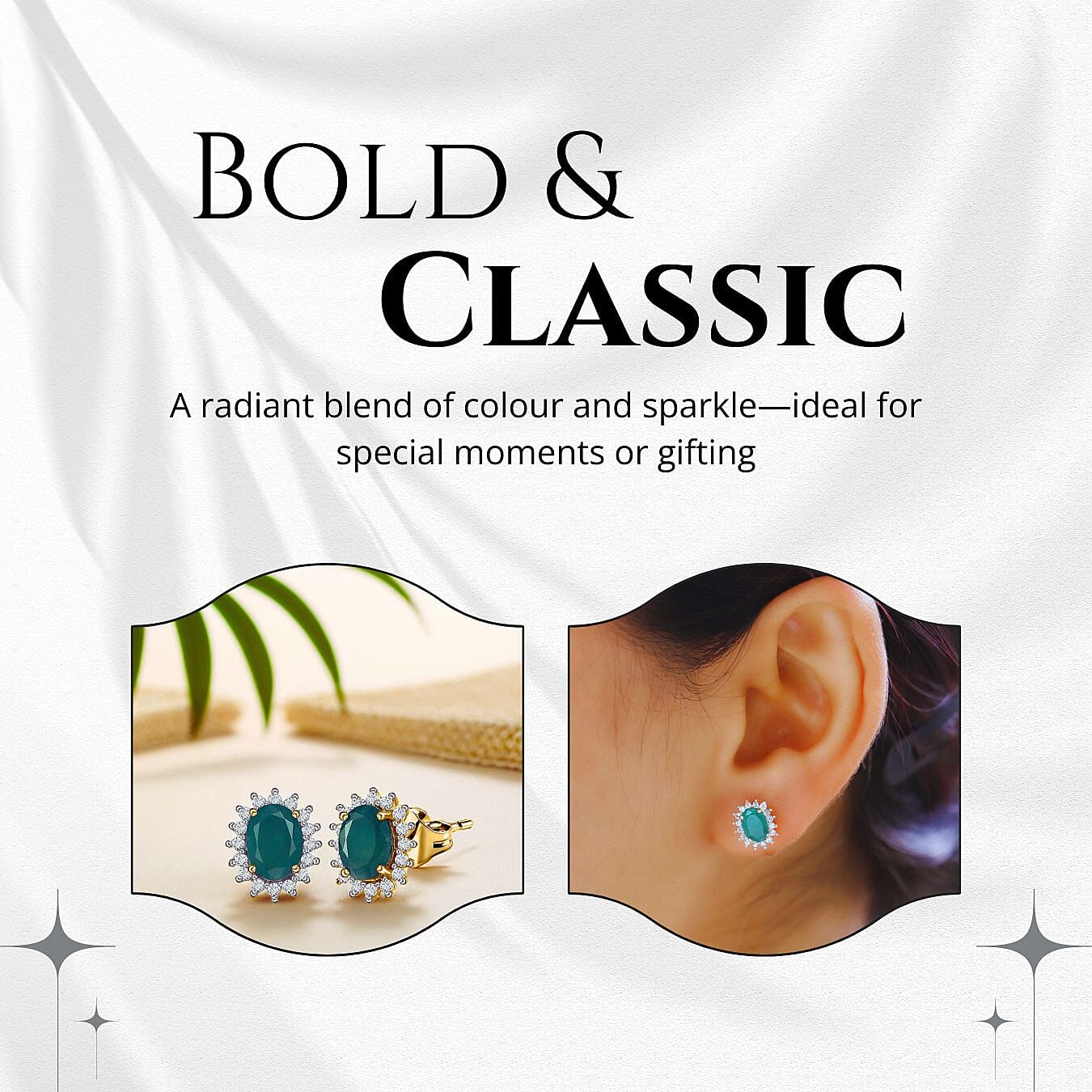 Emerald and Natural Zircon Halo Stud Earrings in 18K Vermeil Yellow Gold Plated Sterling Silver 2.44 Ct