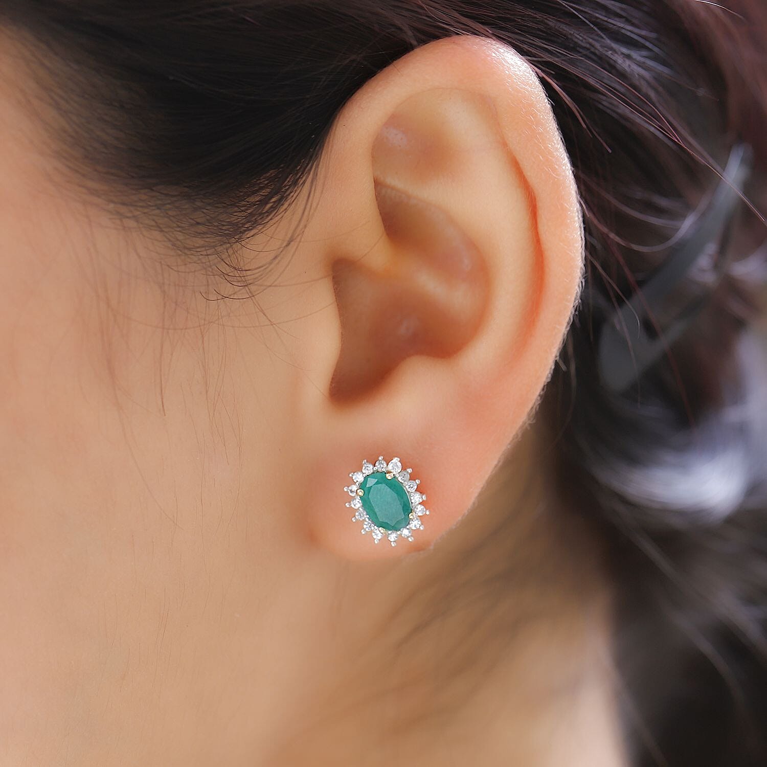 Emerald and Natural Zircon Halo Stud Earrings in 18K Vermeil Yellow Gold Plated Sterling Silver 2.44 Ct