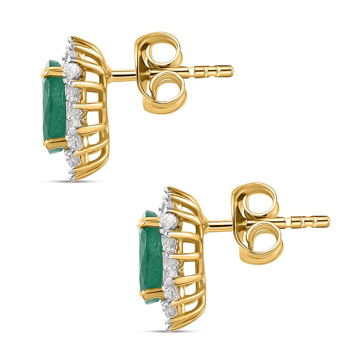 Emerald and Natural Zircon Halo Stud Earrings in 18K Vermeil Yellow Gold Plated Sterling Silver 2.44 Ct