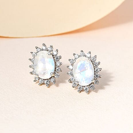 Rainbow Moonstone and Natural Zircon Stud Earrings in Platinum Overlay Sterling Silver 2.40 Ct.