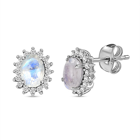 Rainbow Moonstone and Natural Zircon Stud Earrings in Platinum Overlay Sterling Silver 2.40 Ct.