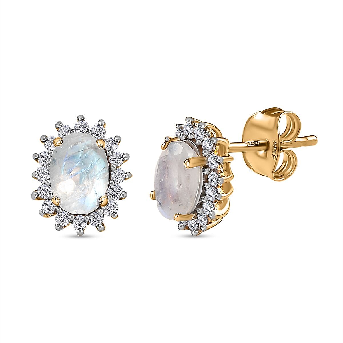 Rainbow Moonstone and Natural Zircon Stud Earrings in 18K Vermeil Yellow Gold Plated Sterling Silver 2.40 Ct.