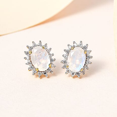 Rainbow Moonstone and Natural Zircon Stud Earrings in 18K Vermeil Yellow Gold Plated Sterling Silver 2.40 Ct.