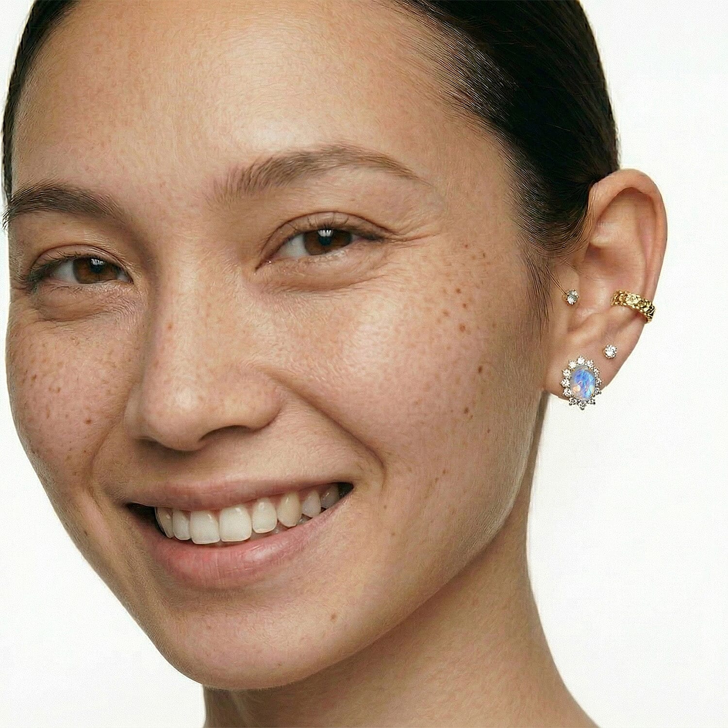 Rainbow Moonstone and Natural Zircon Stud Earrings in 18K Vermeil Yellow Gold Plated Sterling Silver 2.40 Ct.