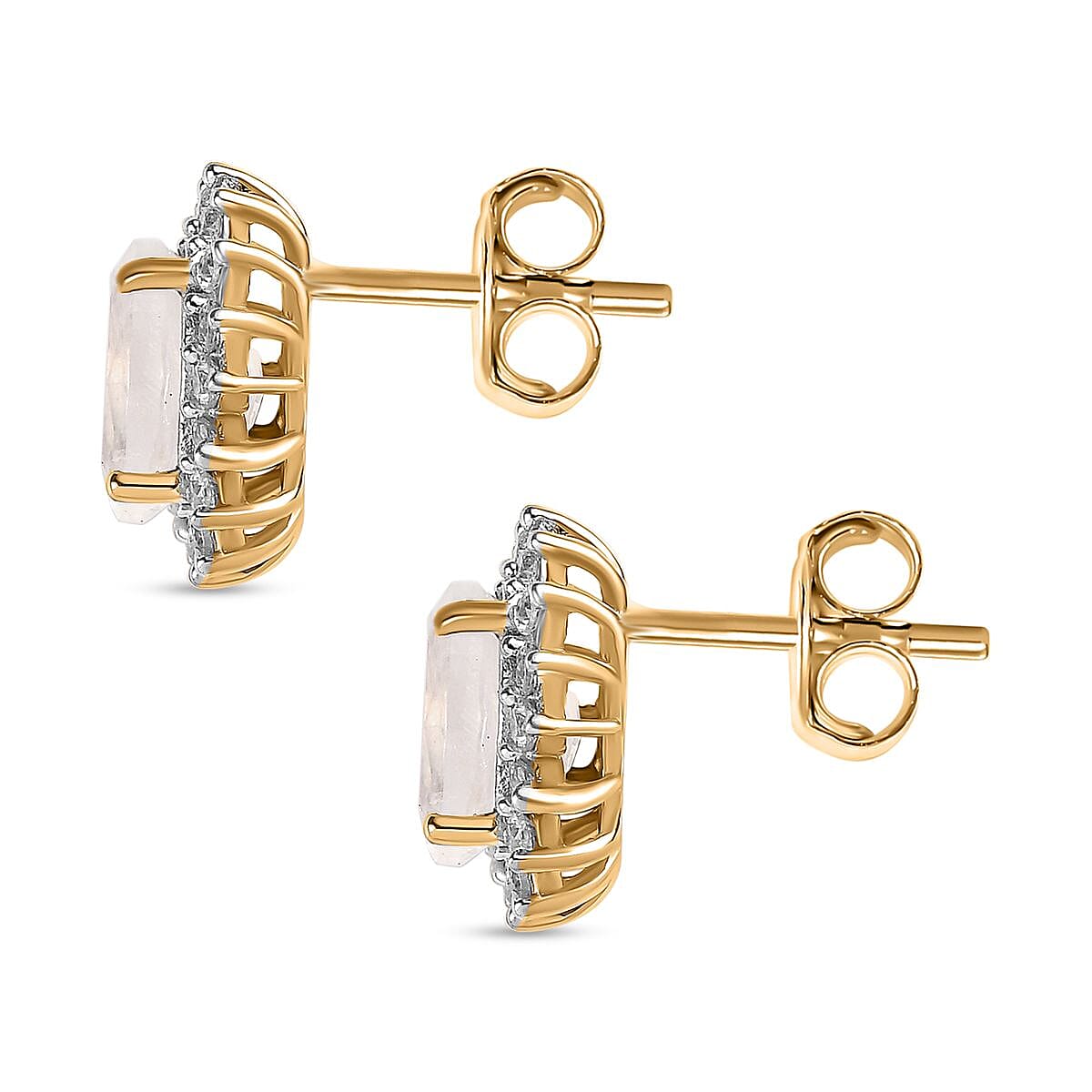 Rainbow Moonstone and Natural Zircon Stud Earrings in 18K Vermeil Yellow Gold Plated Sterling Silver 2.40 Ct.