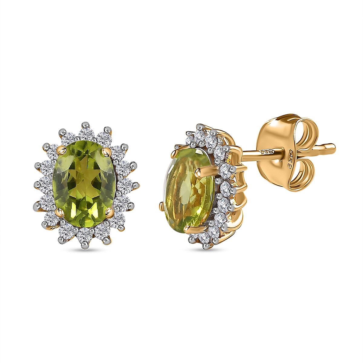Hebei Peridot & Natural Zircon Halo Earrings with Push Back in 18K Vermeil Yellow Gold Plated Sterling Silver 2.06 Ct.