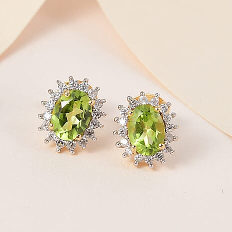 Hebei Peridot & Natural Zircon Halo Earrings with Push Back in 18K Vermeil Yellow Gold Plated Sterling Silver 2.06 Ct.