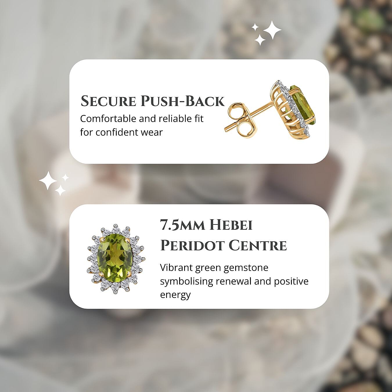 Hebei Peridot & Natural Zircon Halo Earrings with Push Back in 18K Vermeil Yellow Gold Plated Sterling Silver 2.06 Ct.