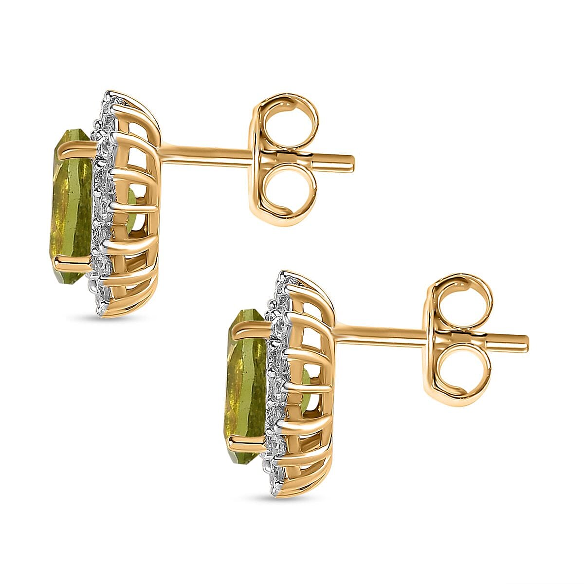 Hebei Peridot & Natural Zircon Halo Earrings with Push Back in 18K Vermeil Yellow Gold Plated Sterling Silver 2.06 Ct.